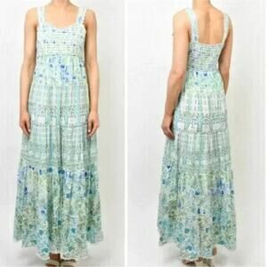 Rococo Sand Elan Maxi Dress Size Large Blue Green Smocked Summer Boho Beach